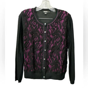 DKNY Black Silk Cardigan Purple Lace Inlay Front Button Up Size Medium